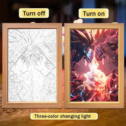 Wooden-framed naruto sasuke led light painting frame with three-color changing illumination for room decor