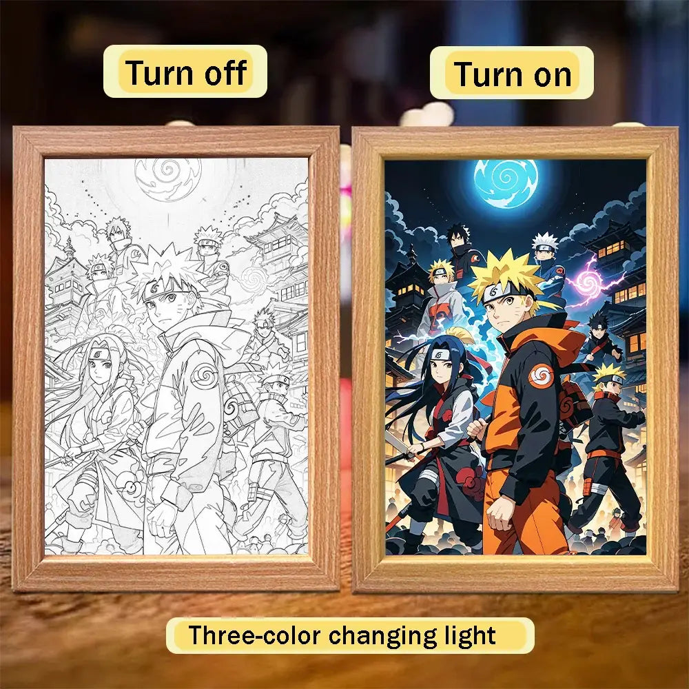 Naruto sasuke led light painting frame with wooden frame featuring vibrant orange and black ninjas under blue moon