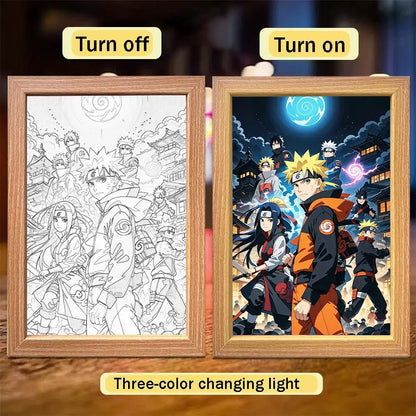Naruto sasuke led light painting frame with wooden frame featuring vibrant orange and black ninjas under blue moon