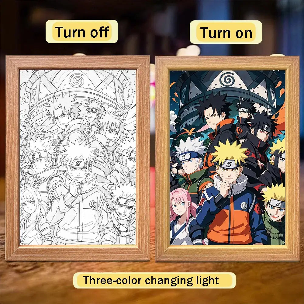 Wooden-framed naruto sasuke led light painting frame with three-color changing light for moon night decor