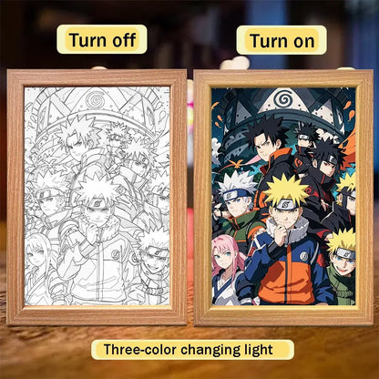 Wooden-framed naruto sasuke led light painting frame with three-color changing light for moon night decor