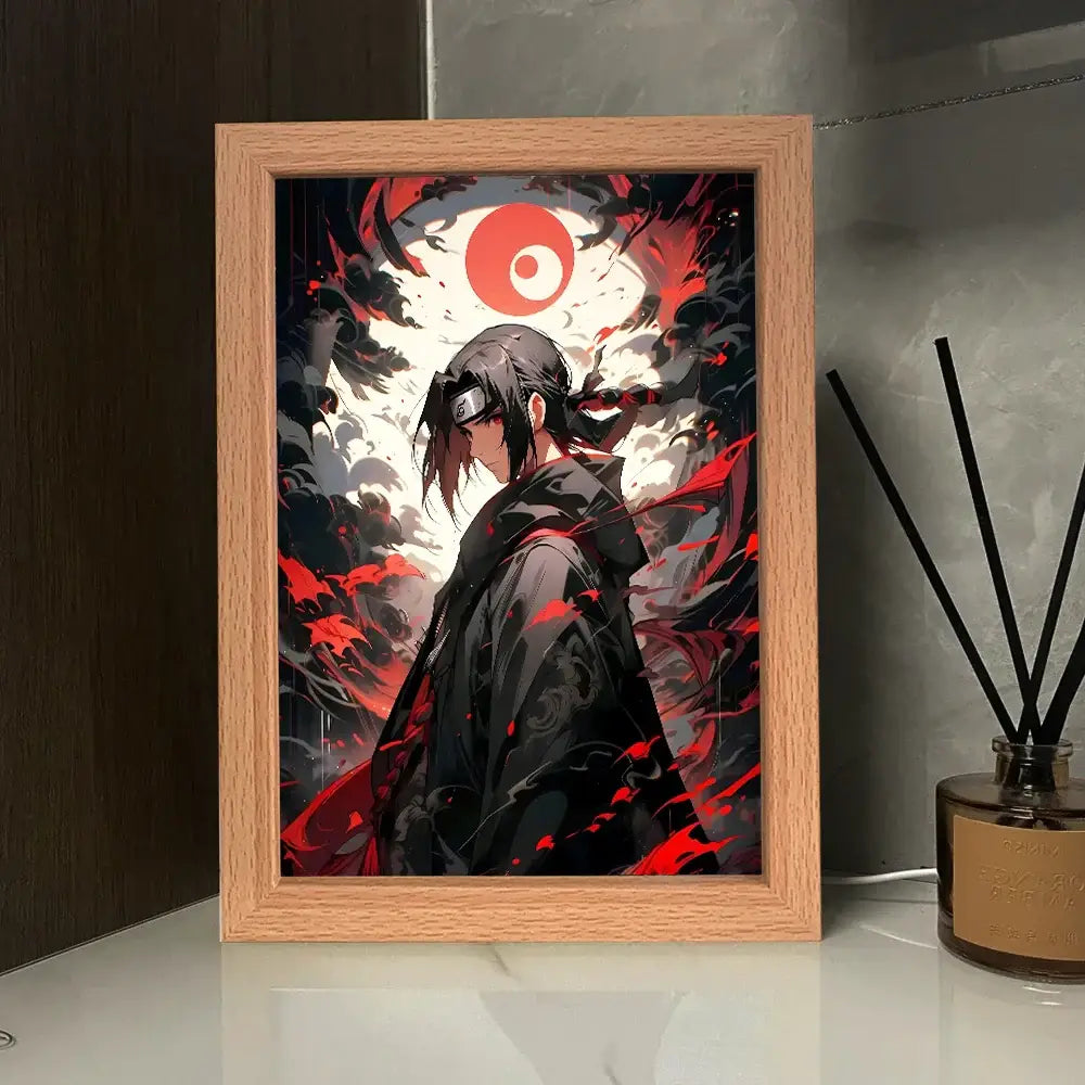 A naruto sasuke led light painting frame featuring a black-clad character with a red and white swirling background in a light wood frame