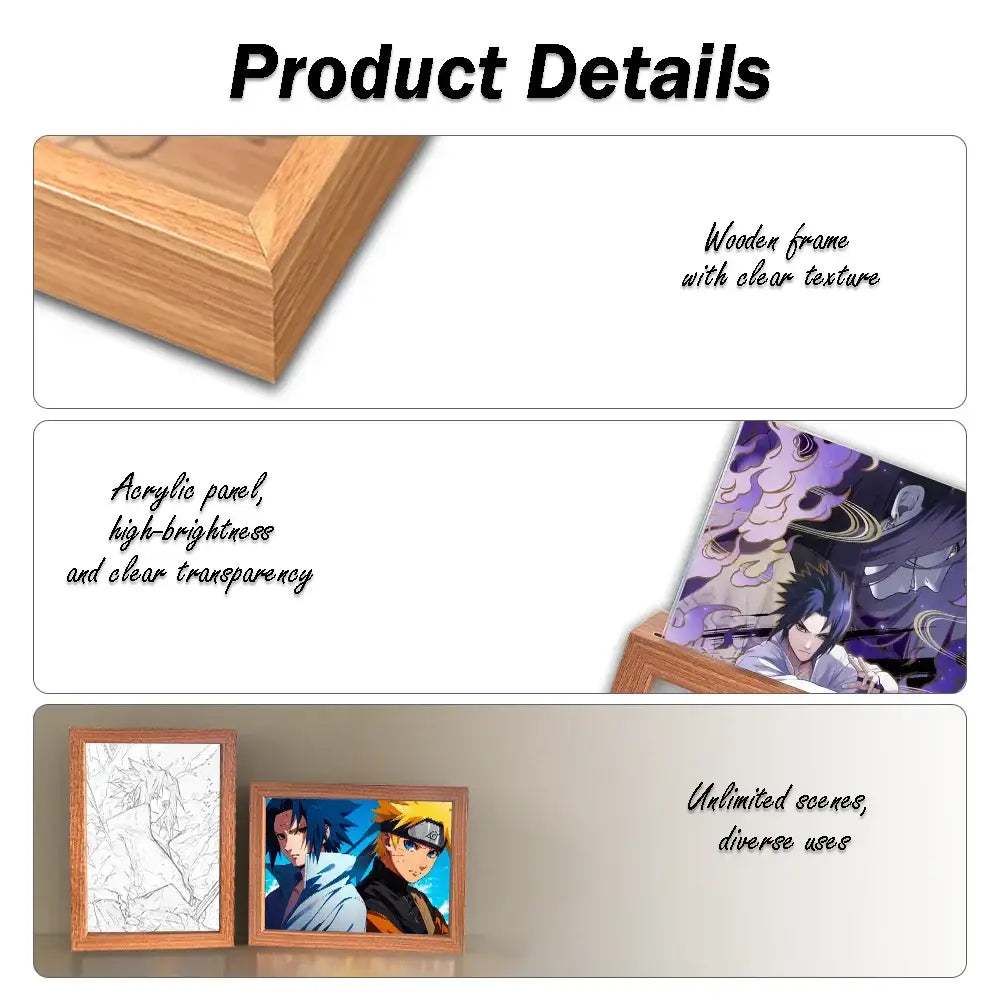 Wooden-framed naruto sasuke led light painting frame with clear acrylic panel showcasing vibrant character art
