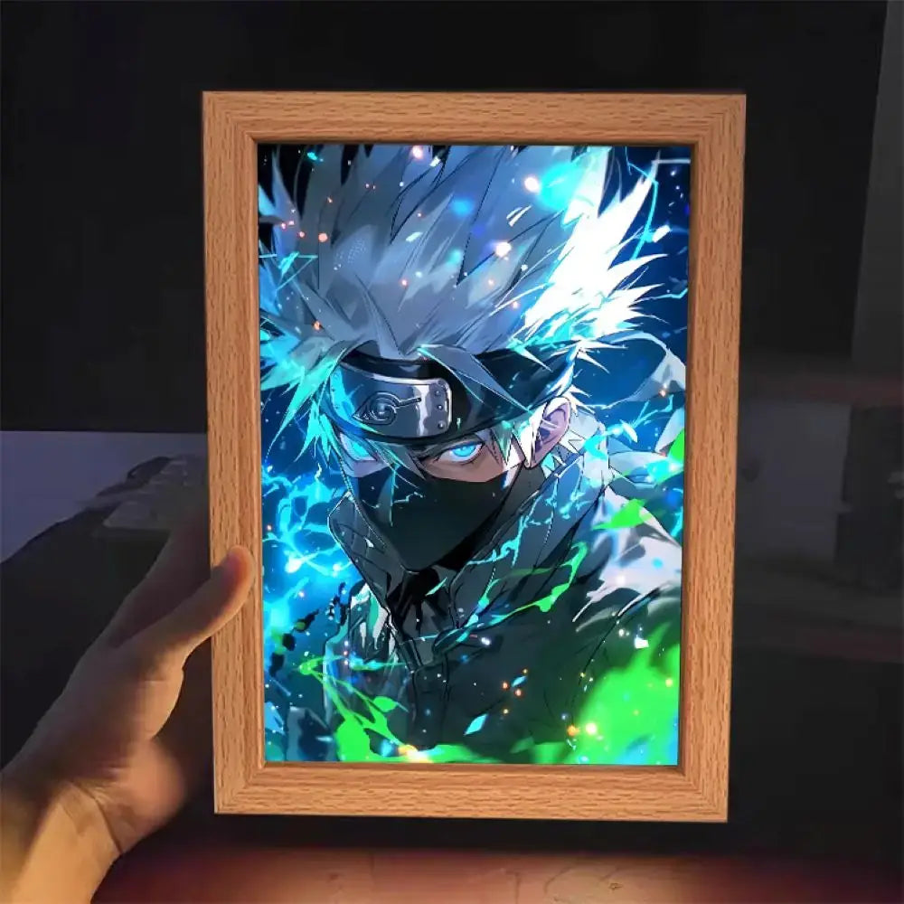 Naruto Sasuke led light painting frame featuring a glowing wooden frame with kakashi hatake blue and green energy effects