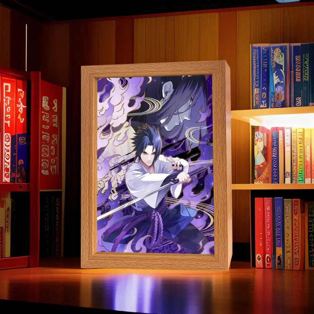 Wooden-framed naruto sasuke led light painting frame featuring illuminated anime character in white and purple with sword