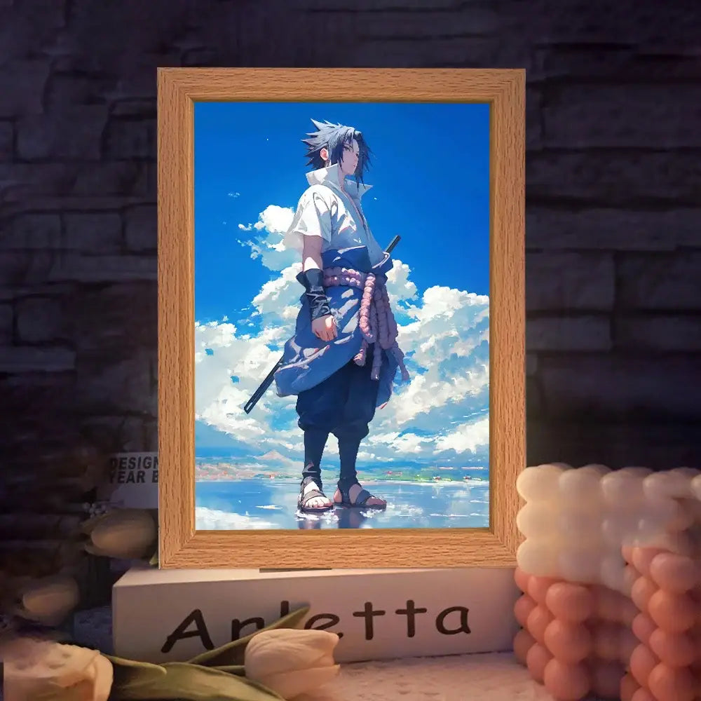 Wooden-framed naruto sasuke led light painting frame featuring illuminated spiky silver hair and bright blue sky background