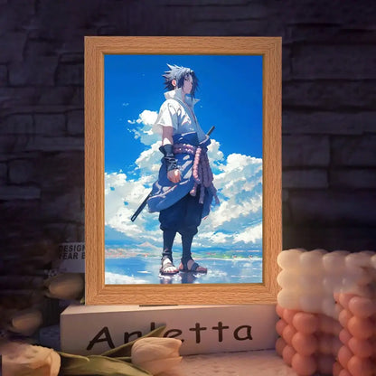 Wooden-framed naruto sasuke led light painting frame featuring illuminated spiky silver hair and bright blue sky background