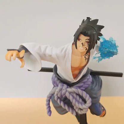 Naruto sasuke pvc statue 20cm figurine with black hair white robe purple rope belt and blue chakra effect