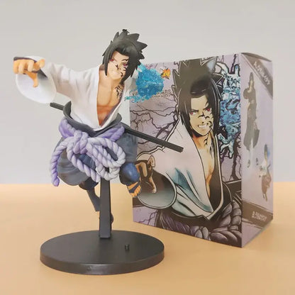Naruto sasuke pvc statue featuring black-haired anime figure in white robe with purple rope belt on black stand
