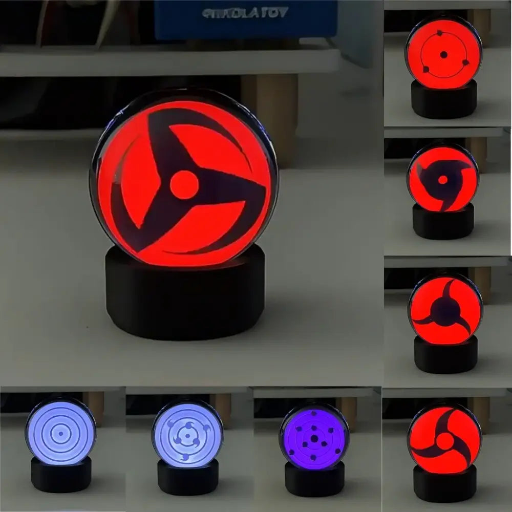 Naruto sasuke sharingan led crystal night light with red and black glowing sharingan design in clear glass and black base