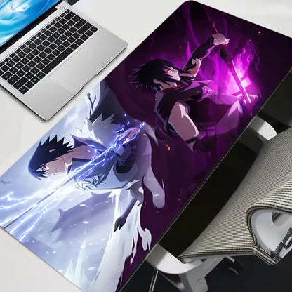 Purple and blue naruto sasuke uchiha mouse pad featuring two characters in dynamic combat on hd rubber gaming mat