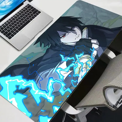Blue lightning-themed sasuke uchiha mouse pad featuring hd print on rubber mat for gaming use