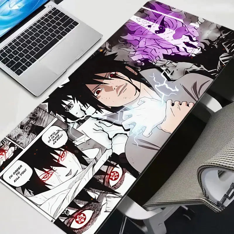 Naruto sasuke uchiha mouse pad with vibrant black and purple anime design on a sleek rectangular rubber mat