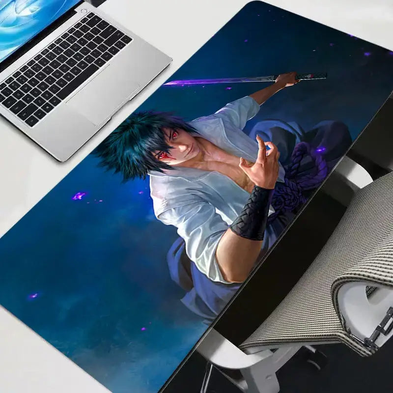 Blue and purple anime-themed sasuke uchiha mouse pad with hd print on rubber mat featuring spiky hair character