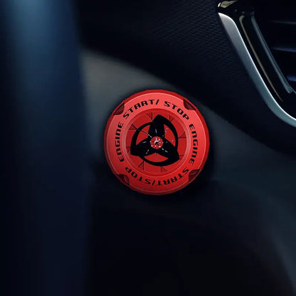 Red circular engine start stop button cover featuring black ninja symbol for naruto sharingan ignition switch decor