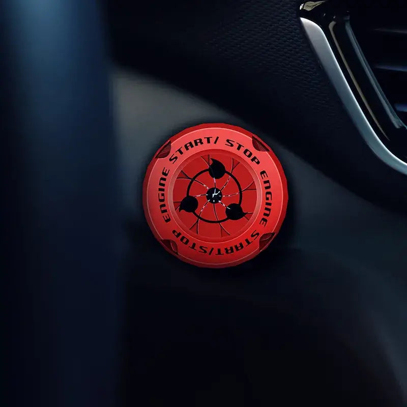Red circular engine start stop button cover with black naruto uzumaki symbol for ignition switch decor
