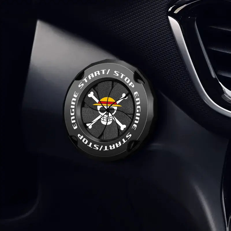 Black circular Naruto Sharingan start button cover with white skull crossbones and yellow hat for ignition switch decor