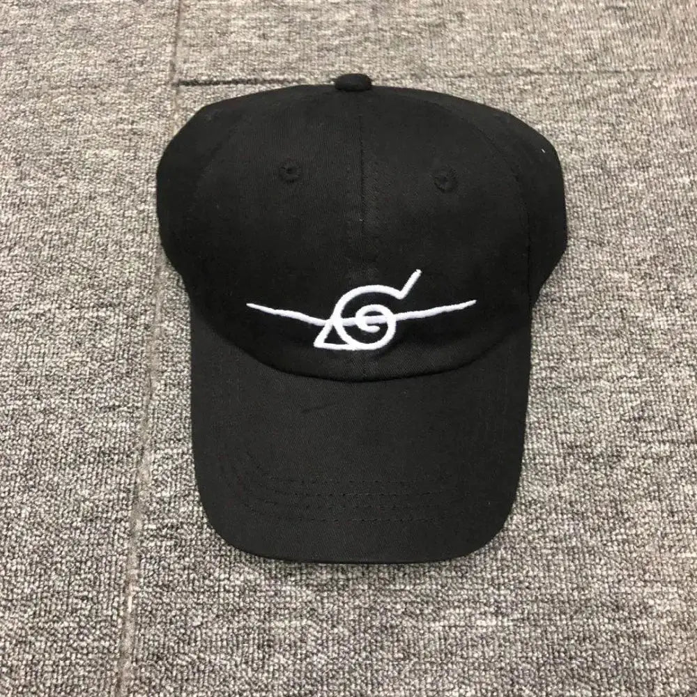 Black baseball snapback cap with white embroidered uzumaki clan symbol adjustable unisex fit
