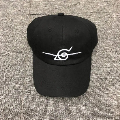 Black baseball snapback cap with white embroidered uzumaki clan symbol adjustable unisex fit