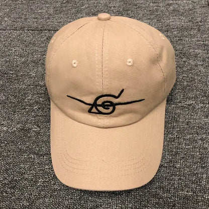 Beige baseball cap with black embroidered uzumaki clan symbol adjustable unisex fit naruto shinobi snapback cap
