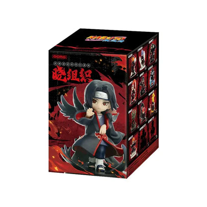 Chibi style black and red naruto uchiha figurine in a collectible naruto shippuden akatsuki blind box packaging