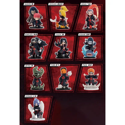 Chibi-style naruto shippuden blind box figurines in black akatsuki robes with red cloud insignias posed on bases