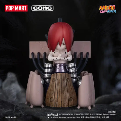 Red-haired anime figurine with black horns seated on wooden throne base from naruto shippuden akatsuki blind box mystery figure
