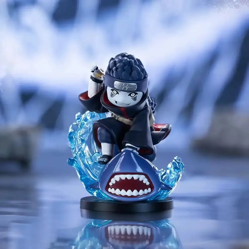 Naruto shippuden akatsuki blind box figure of naruto uzumaki in black and red outfit riding a translucent blue shark