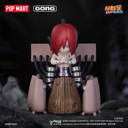 Red-haired naruto shippuden akatsuki blind box figure with black horns seated on wooden throne base with metallic rings