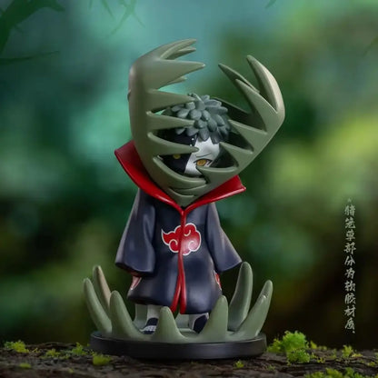 Detailed naruto shippuden akatsuki blind box figure in dark blue cloak with red clouds and olive-green spiked mask standing on spikes