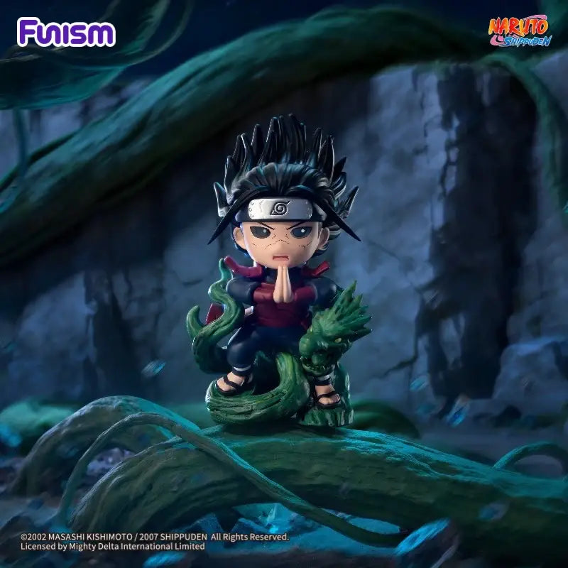 Black-haired chibi naruto uzumaki blind box figure in red and black outfit seated on green serpent great ninja war series