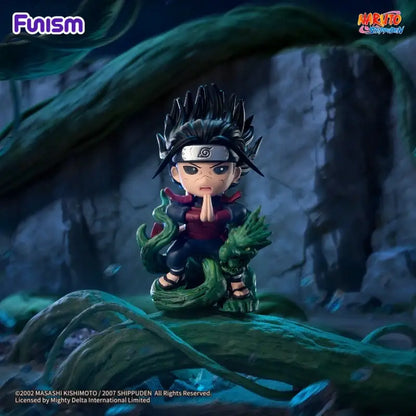 Black-haired chibi naruto uzumaki blind box figure in red and black outfit seated on green serpent great ninja war series