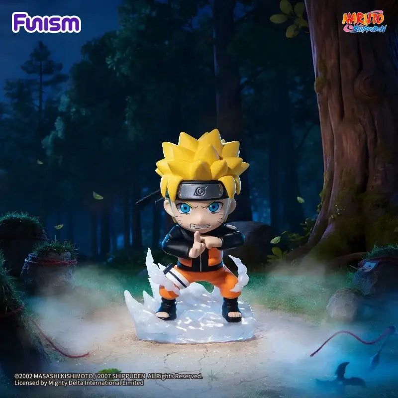 Chibi-style naruto uzumaki blind box figure with spiky yellow hair and ninja outfit on icy base from great ninja war series