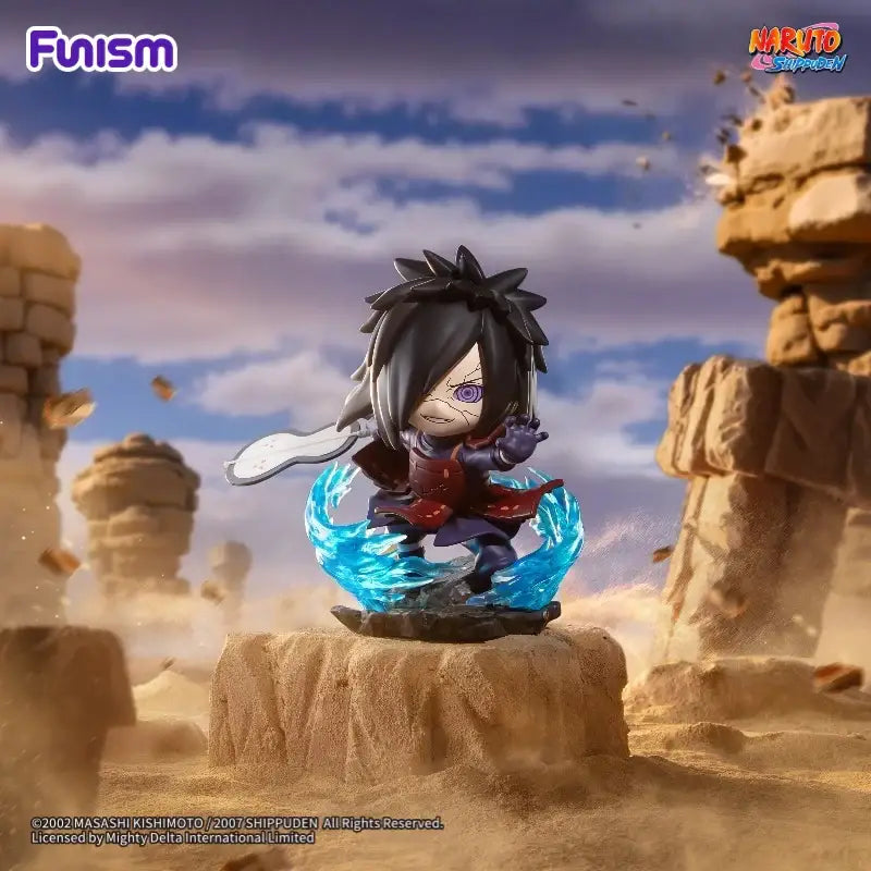 Chibi-style blind box figure of black spiky hair character with purple eyes in red and dark blue outfit from great ninja war