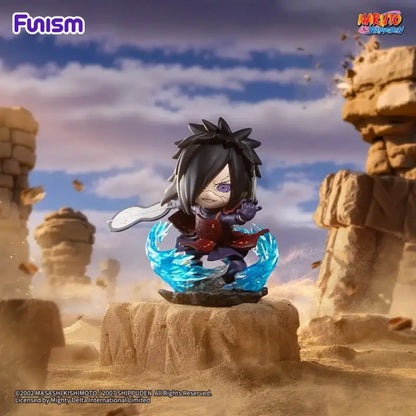 Chibi-style blind box figure of black spiky hair character with purple eyes in red and dark blue outfit from great ninja war