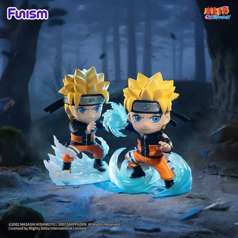 Chibi-style naruto blind box figure with spiky blonde hair and orange-and-black ninja attire on glowing blue water effects