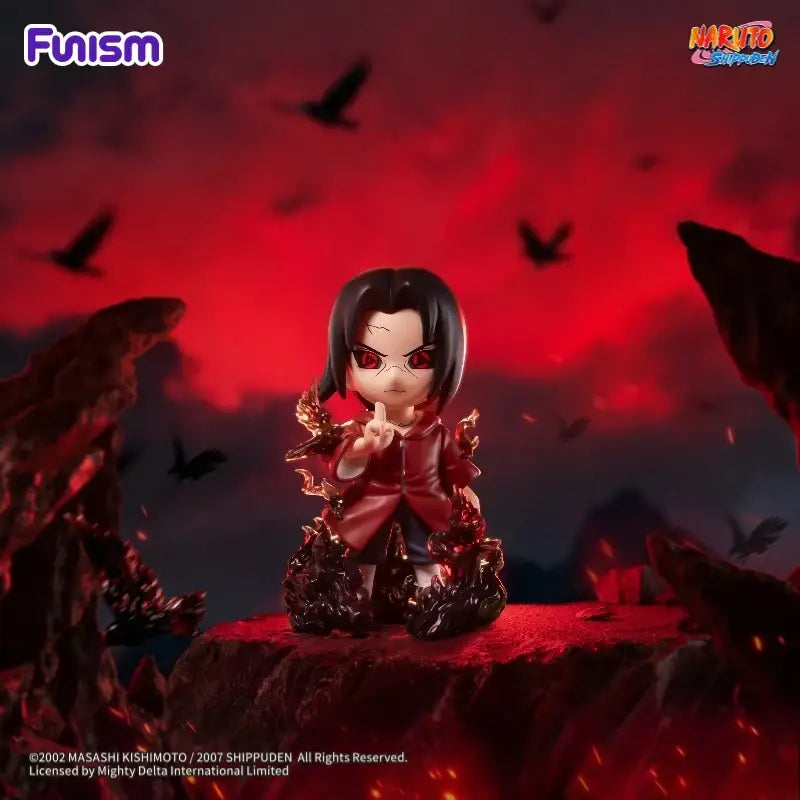 Red and black chibi-style naruto shippuden blind box figure with glowing eyes seated on rocky terrain great ninja war series