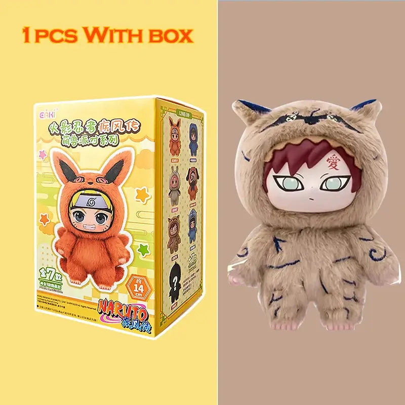 A plush naruto shippuden blind box stuffed doll dressed in a tan furry animal costume with black markings and blue ears