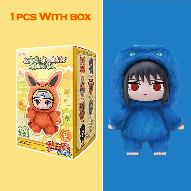Naruto shippuden blind box stuffed doll featuring a blue furry hooded figure with red eyes and black hair