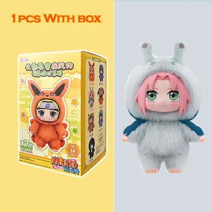 Soft gray plush naruto shippuden blind box stuffed doll with pink hair green eyes and hooded antennae costume