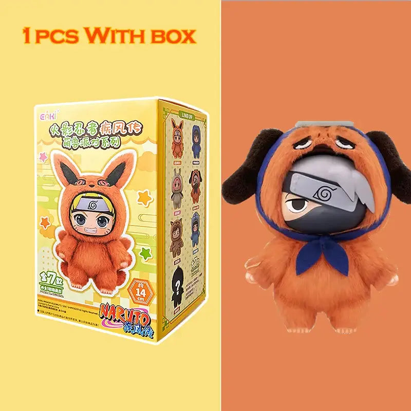 Orange plush toy dressed as a fox with black ears and blue headband bow naruto shippuden blind box stuffed doll