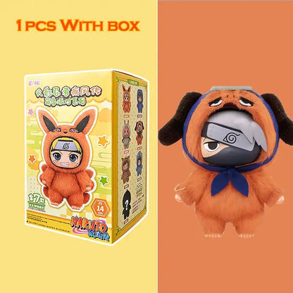 Orange plush toy dressed as a fox with black ears and blue headband bow naruto shippuden blind box stuffed doll