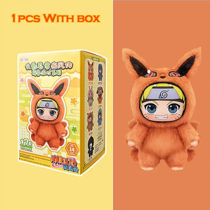 Orange plush fox costume with black inner ears and gray headband with naruto symbol in naruto shippuden blind box opp bag