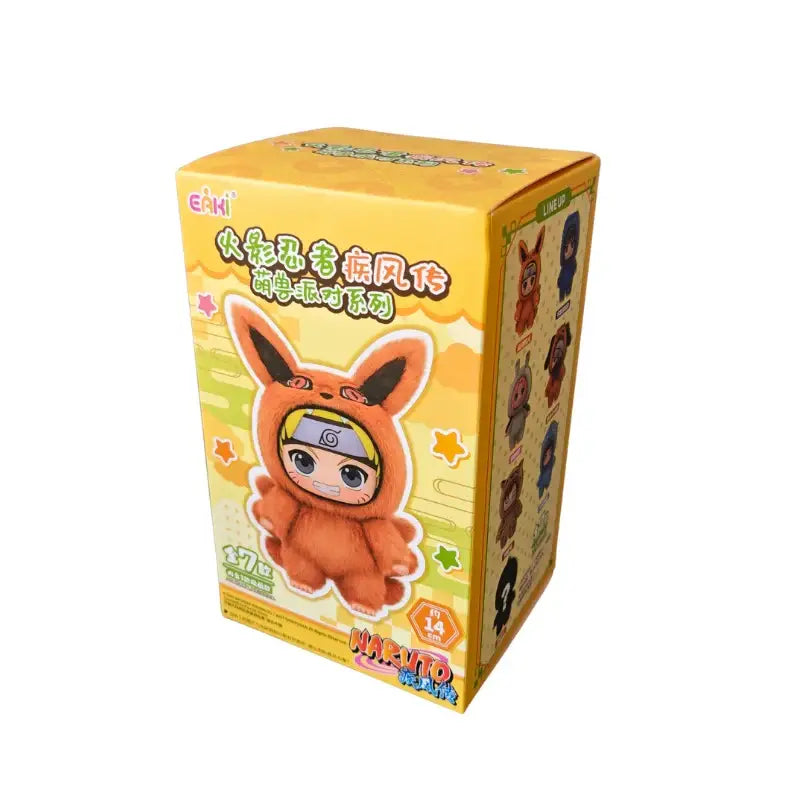 Yellow cardboard blind box of naruto shippuden stuffed doll featuring a cartoon fox-like character in orange costume