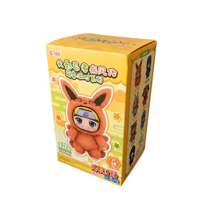 Yellow cardboard blind box of naruto shippuden stuffed doll featuring a cartoon fox-like character in orange costume
