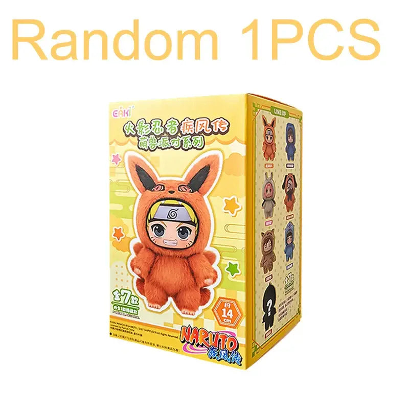 Orange plush fox costume stuffed doll with black ears and yellow naruto shippuden headband from blind box series
