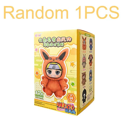 Orange plush fox costume stuffed doll with black ears and yellow naruto shippuden headband from blind box series