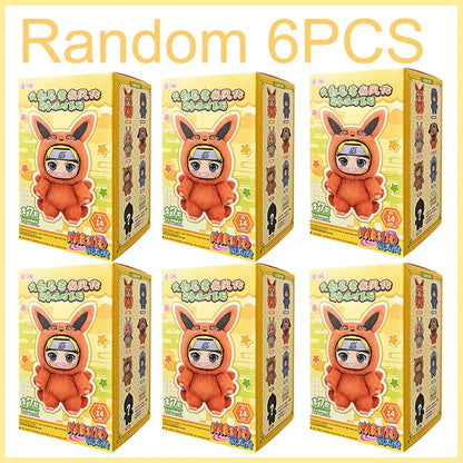 Orange fox-themed naruto shippuden stuffed doll in yellow blind box packaging for collectible display