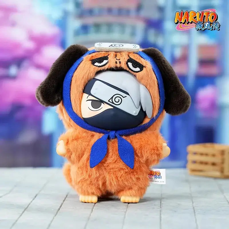 Orange plush stuffed doll from naruto shippuden blind box wearing blue headband and ninja mask with embroidered details