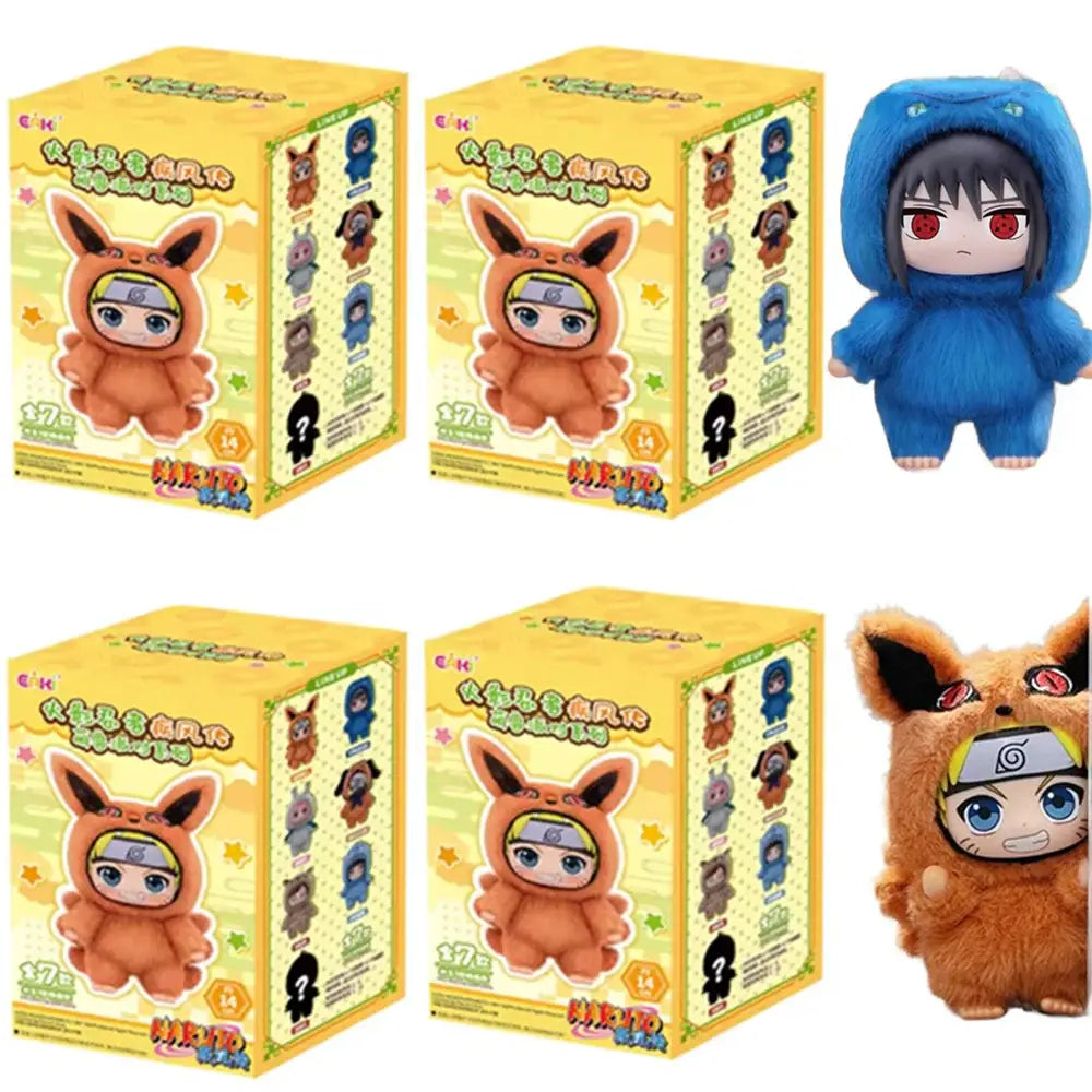 Orange plush fox stuffed doll with black ears red eyes and yellow naruto shippuden blind box headband